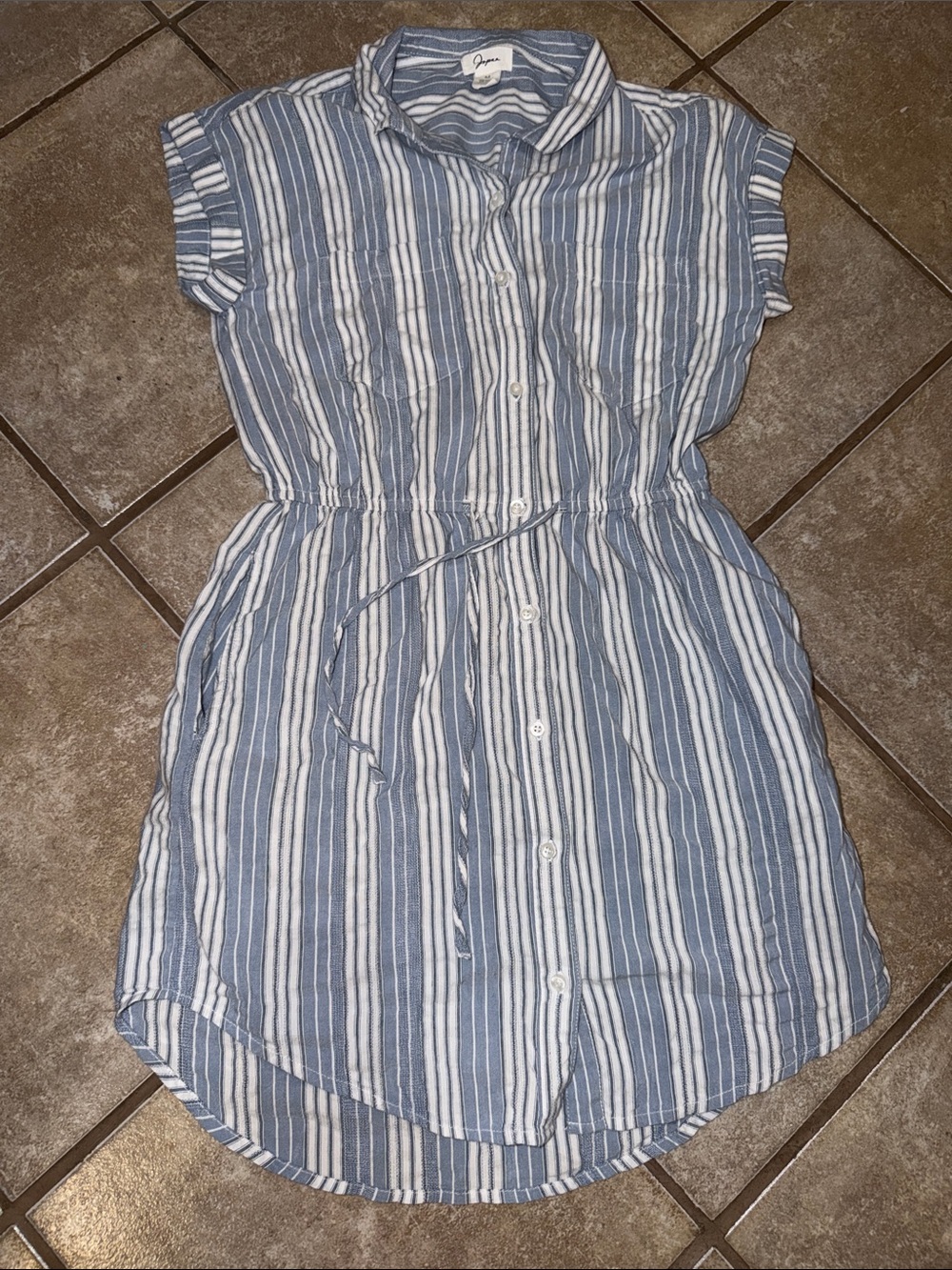 Japna Blue and White Striped Button-Front Casual Dress